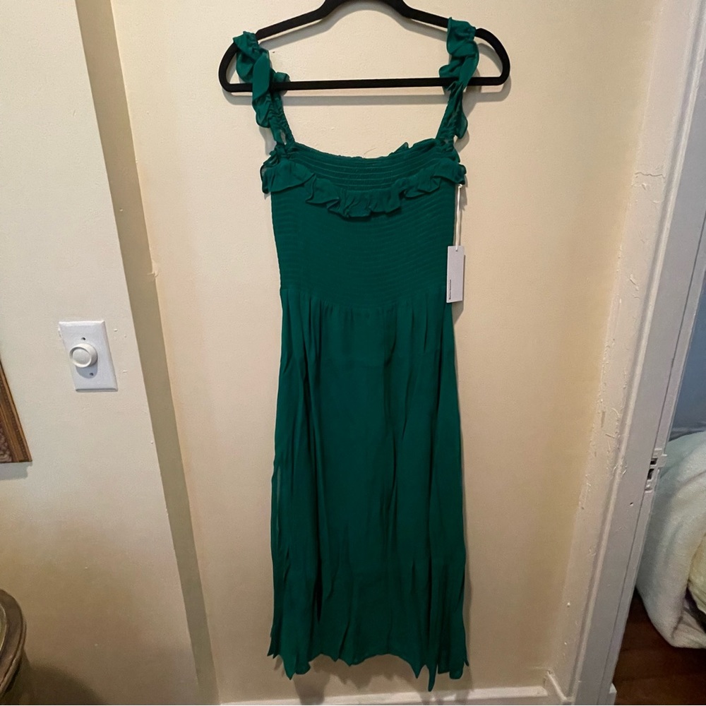 Reformation Green Smocked Midi Dress with Ruffle Straps - Picture 5 of 8